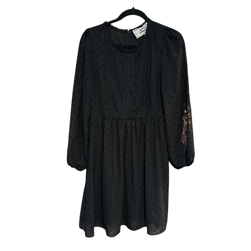 Pink Martini Black Polka Dot Long Sleeve Mini Dress Sheer Lace Detail Small